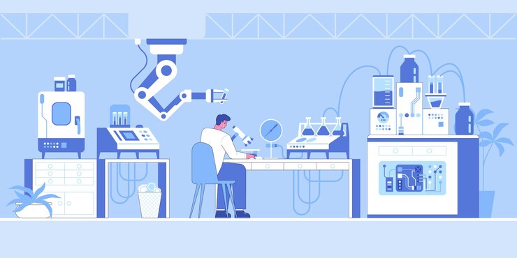 Vector science research laboratory interior with robotic technology