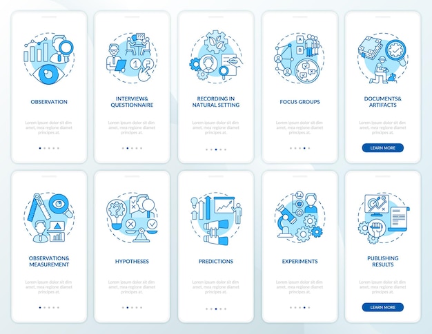 Science research onboarding mobile app page screen with concepts set