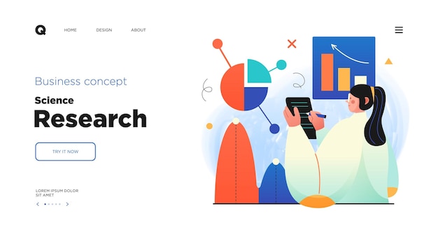 Science research website landing page template design concept of scientist character making research