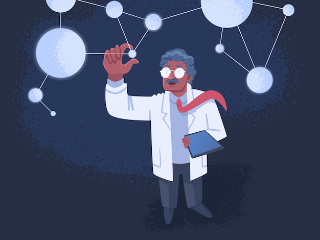 Science scientist man glasses lab coat examines atoms neurons scientific discovery physics chemistry