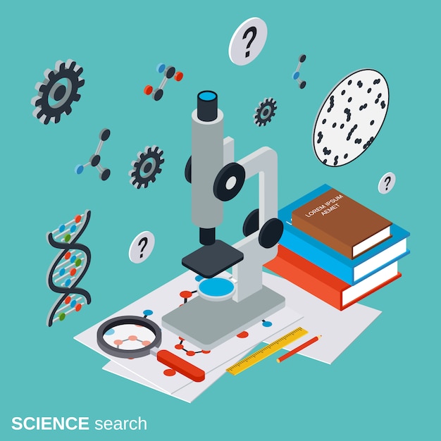 Science search flat isometric vector concept illustration