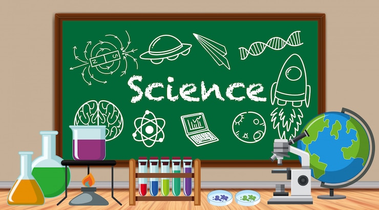 Vector science sign with many science equipments