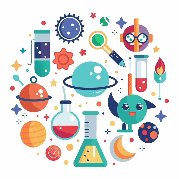 Vector science and space themed illustration with planets beakers and stars