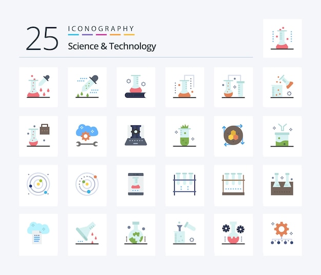 Scienza e tecnologia 25 pacchetto di icone flat color che include l'espansione dell'educazione scientifica e l'innovazione scienza conoscenza ricerca scientifica laboratorio scientifico