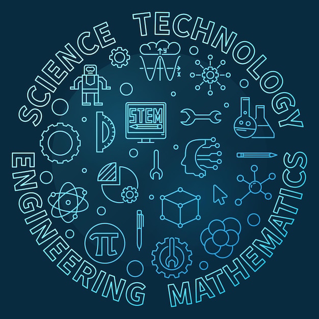 Наука Технология Инженерия Математика STEM концептуальная линия синяя современная круглая иллюстрация