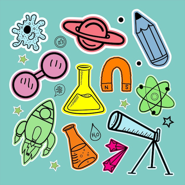 science and technology sticker icons hand drawn doodle coloring