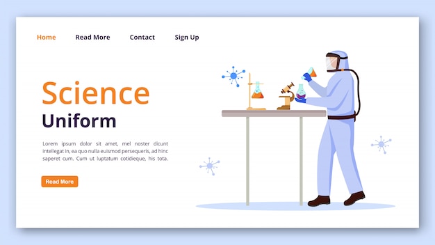 Vector science uniform landing page vector template. protection suit for laboratory website interface idea with flat illustrations. chemist equipment homepage layout landing page