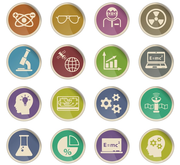 Science web icons in the form of round paper labels