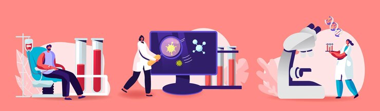 Vector scientific blood test concept. tiny characters at huge glass flasks. people giving lifeblood for detection of pregnancy and diseases, hiv, aids, dna, covid 19. cartoon people vector illustration
