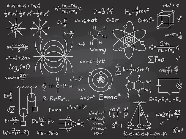 Scientific formulas. Mathematics and physics calculus on class chalkboard. Algebra and physical science handwritten vector education concept. Maths calculation on blackboard. Physics science theorem