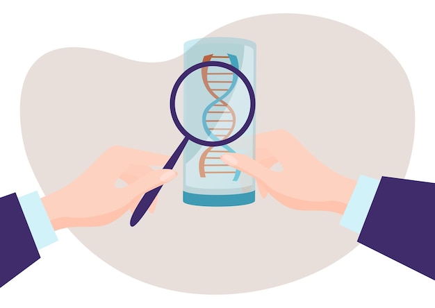 과학적인 남성 전문가는 돋보기와 DNA 개념 플라스크 유전 공학 플랫을 들고 있습니다.