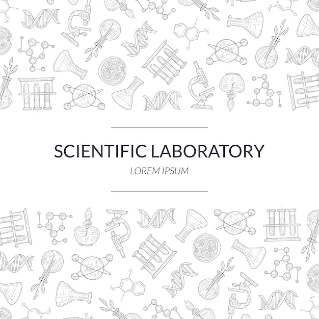 Vector scientific research banner template with laboratory equipment pattern medicine science technology hand drawn vector illustration