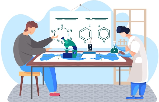 Scientific research in the lab Scientists are conducting an experiments Woman is working with a flask with liquid A man looking through a microscope lens Laboratory with formulas on background