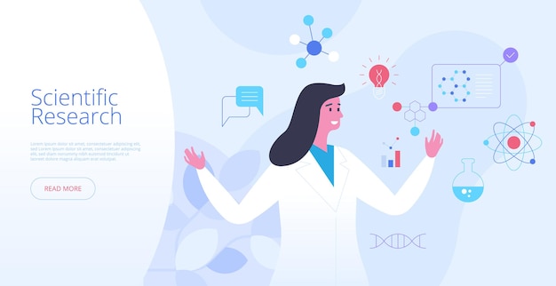 Vector scientific research landing page vector template. clinical study website homepage interface idea with flat illustrations. laboratory experiment, futuristic biotechnology web banner cartoon concept