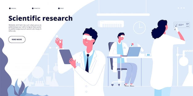 scientific research landing. students in white coat, chemical researchers doctors with lab equipment.