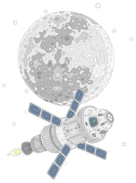 Scientific spacecraft with solar panels flying in orbit around the Moon