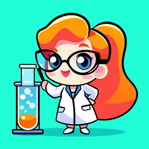 Scientise young laboratory doctor girl hand drawn flat stylish cartoon sticker icon concept isolated