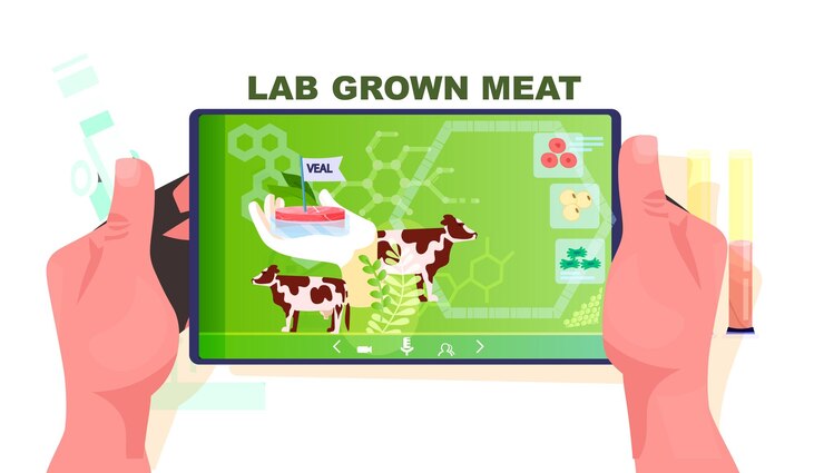 Vector scientist analyzing dna of cultured veal on tablet pc screen artificial lab grown meat production concept horizontal vector illustration