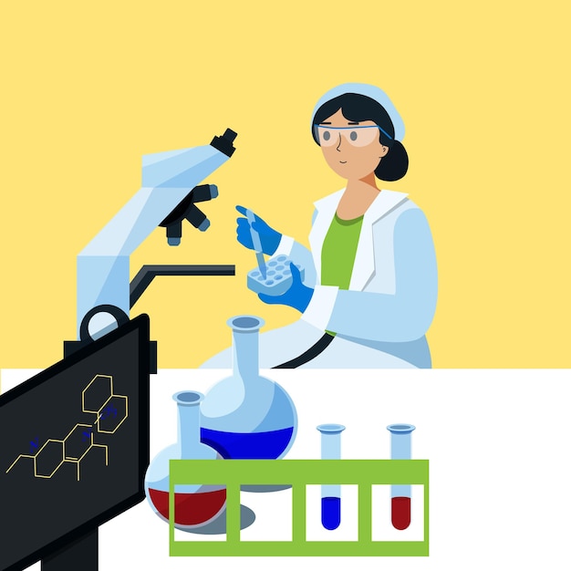 ベクトル 顕微鏡を使って実験室で働いている科学者、実験室で実験を行っているキャラクター