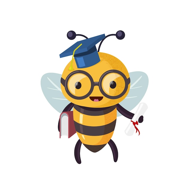 Scientist bee student graduate Cartoon bee cute character in flat style