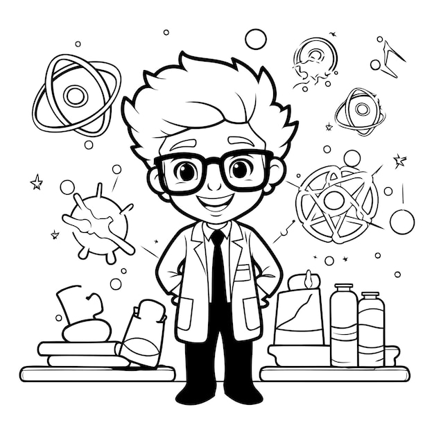 Scientist boy cartoon design science chemistry laboratory research and development theme Vector illustration