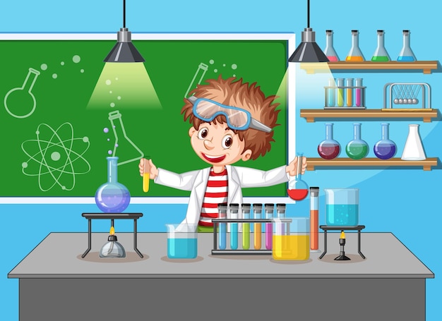 Vector scientist boy in laboratory room background