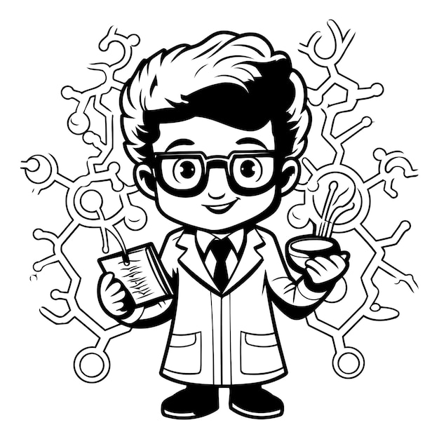 Scientist Cartoon Character Vector Illustration for Coloring Book or Page