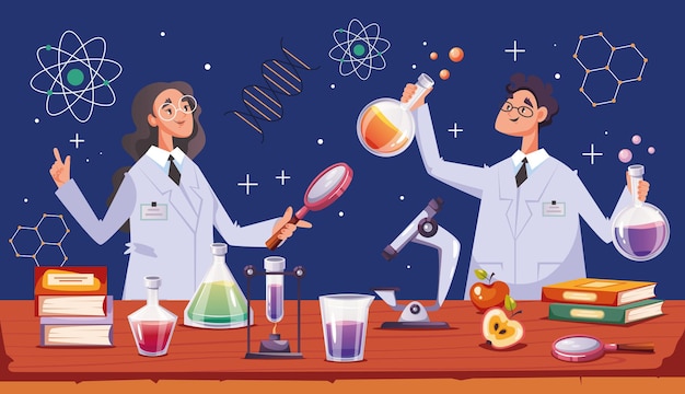 Carattere dello scienziato che fa esperimento di ricerca nell'illustrazione di concetto dell'elemento di progettazione del laboratorio