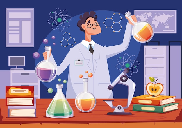 Scientist character making research experiment in laboratory design element concept illustration