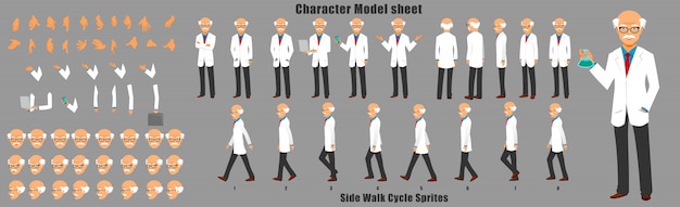 歩行サイクルアニメーションシーケンスを持つ科学者キャラクターモデルシート