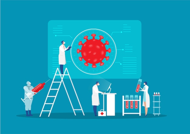 Infezione di ricerca del carattere dello scienziato all'illustrazione piana del laboratorio