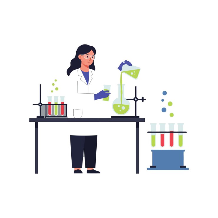 Vector scientist conducting experiments in a laboratory with colorful liquids flat vector illustration