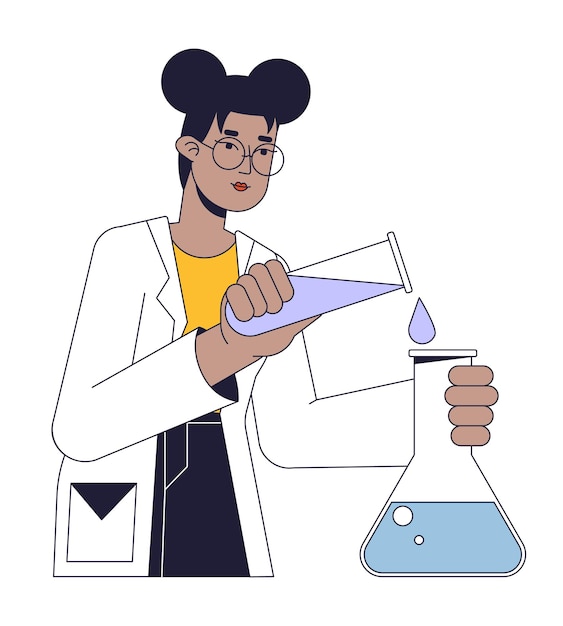 Scientist conducts experiment flat line concept vector spot illustration Chemist pouring liquid into flask 2D cartoon outline character on white for web UI design Editable isolated color hero image