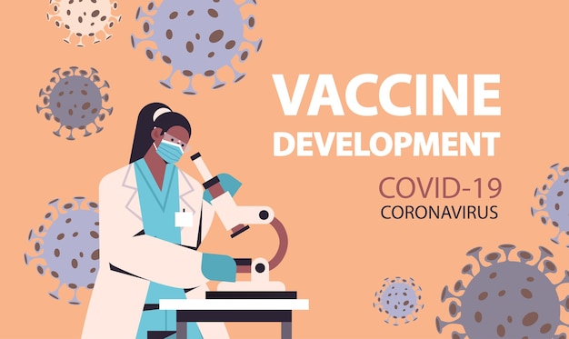 Vector scientist developing new coronavirus vaccine in lab african american female researcher working on microscope vaccine development fight against covid-19 concept horizontal   illustration