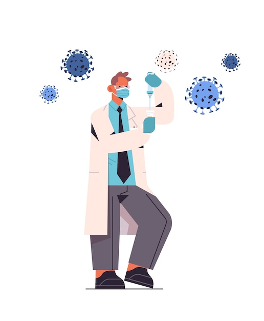 Vector scientist developing new coronavirus vaccine in lab researcher holding syringe and bottle vial vaccine development fight against covid-19 concept   illustration