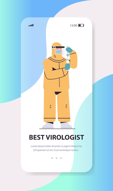 Scientist developing new vaccine in lab researcher in protective suit holding syringe injection vaccine development best virologist concept smartphone screen vertical full length vector illustration