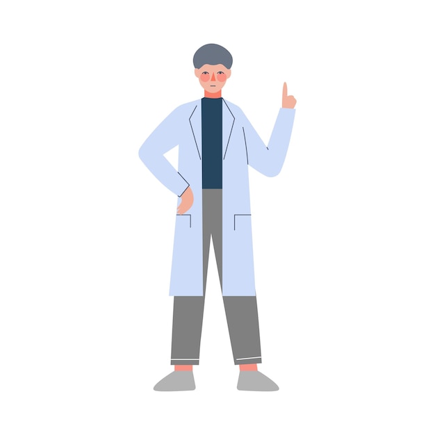 Scientist or doctor character man in white coat giving advice with raised index finger flat style