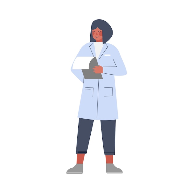 Scientist or doctor character woman in white coat standing with clipboard flat style vector