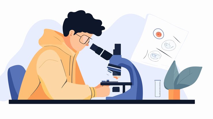 Vector scientist examining specimen student analyzing object researcher studying sample in lab setting