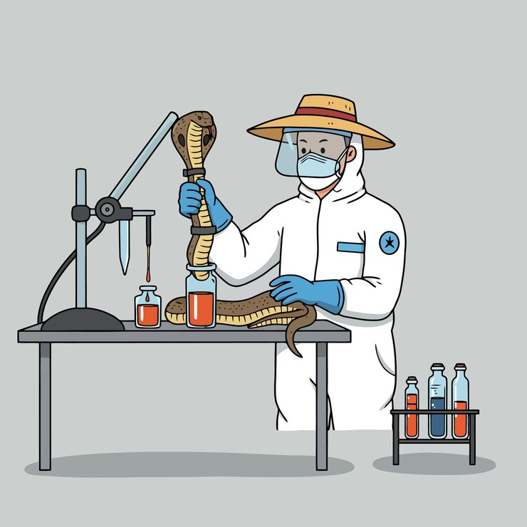 Vector scientist extracting venom from snake in laboratory