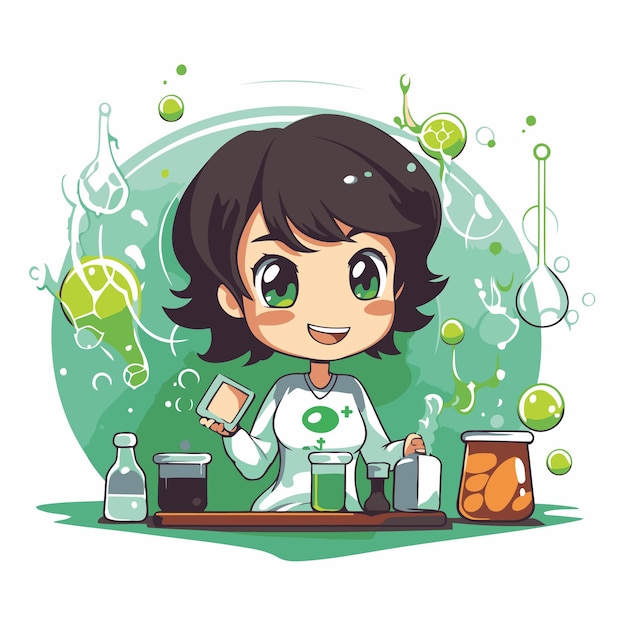 Vector scientist girl working in the laboratory vector cartoon character illustration