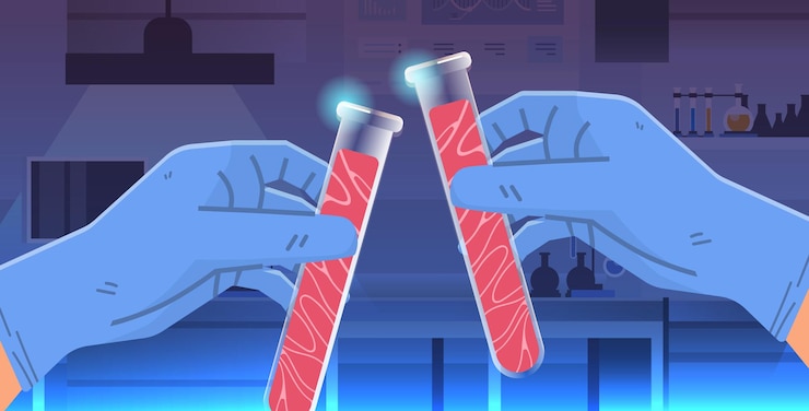 Vector scientist hands holding test tubes with cultured red raw meat made from animal cells artificial lab grown meat production