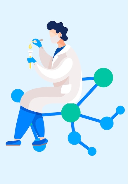 ベクトル 科学者は実験室で実験を行っています 人間は試験管で試薬を混合しています