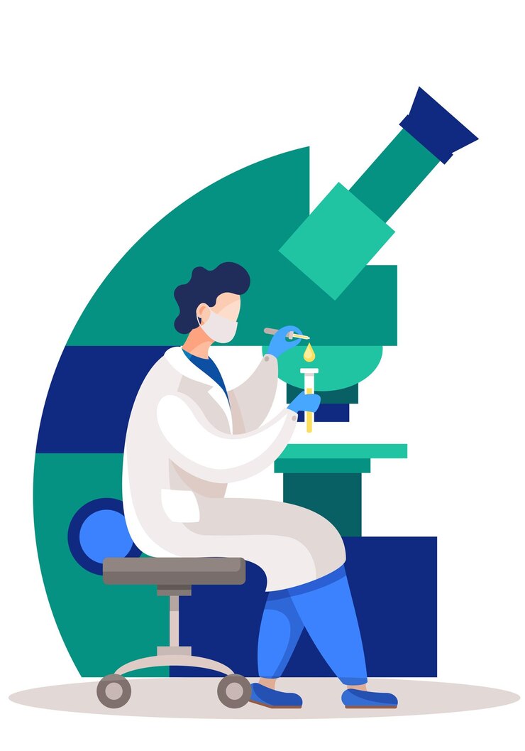 Vector scientist is conducting an experiment on the background of a huge microscope.