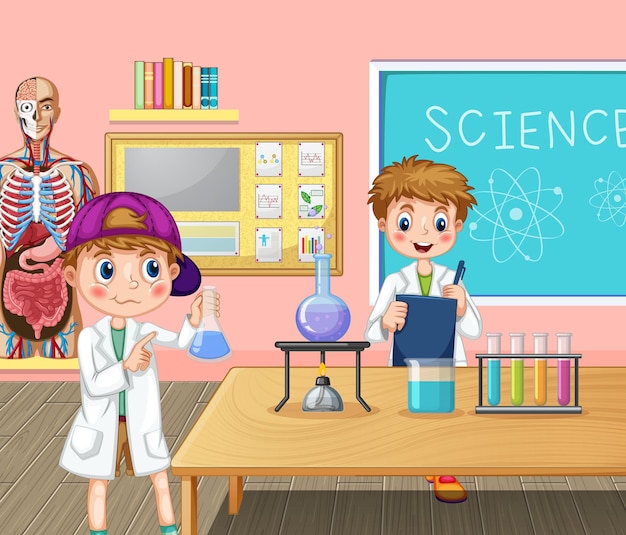 Scienziato bambini sullo sfondo della stanza di laboratorio