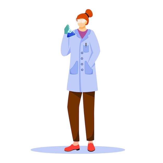 Scientist in lab coat with protection glasses flat illustration. studying medicine, chemistry. conducting experiment. woman with laboratory flask isolated cartoon character on white background