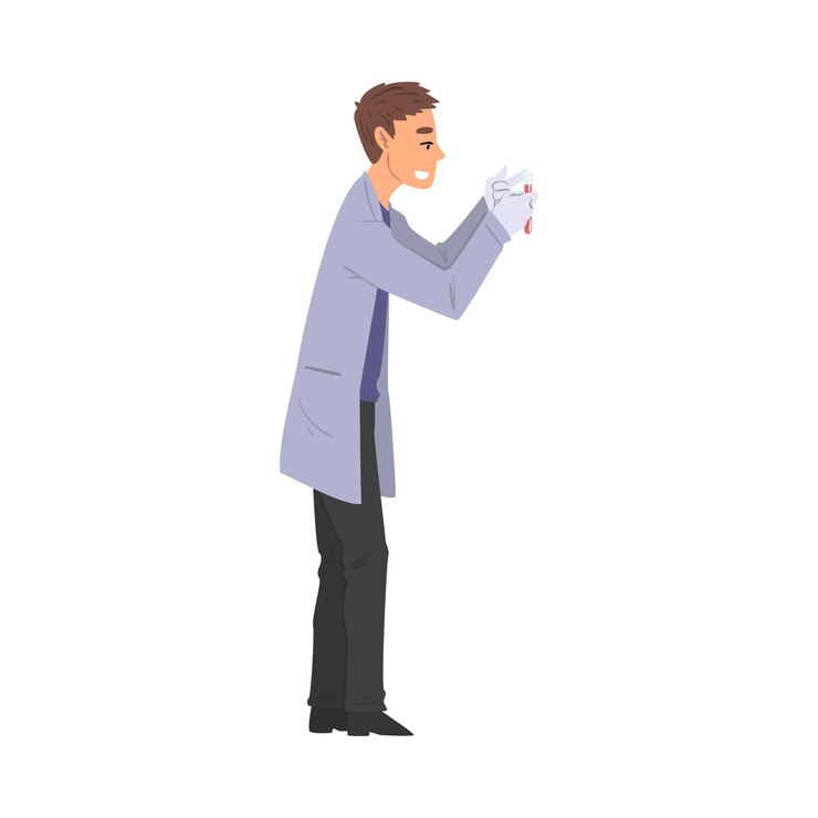 Vector scientist in lab man in white coat doing medical or chemical researches with laboratory equipment