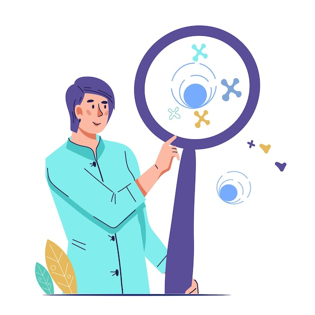 Scientist in laboratory coat with magnifier vector illustration isolated