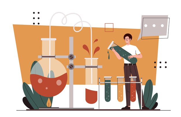 Scientist in laboratory concept man with flask with reagents education and training learning young