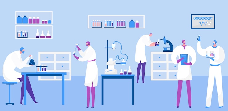 Vector scientist make research in laboratory science medical lab for chemistry test vector illustration